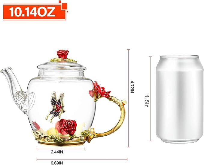 Glass Teapot -300 ml (10 oz), Flower Decoration Heat Resistant Glass Teapot Kettle with Golden Leaf Edge Color Floral Pattern Retro Teapot Tea Party Set (Red)