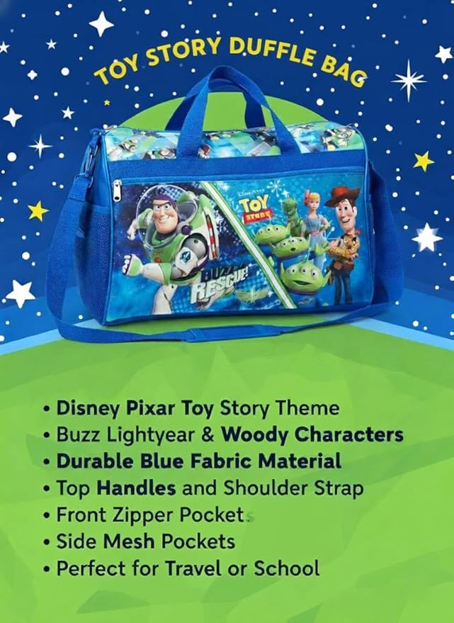 Disney Pixar Toy Story Kids’ Duffle Bag – Buzz Lightyear, Woody & Friends Travel Gym Bag with Adjustable Strap