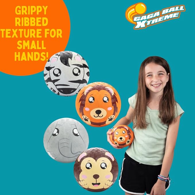 GagaBall 5 Inch Playground Balls with Air Pump (4 pk, Animals) - Durable Rubber Balls Official Size for Dodgeball & Handball - Great for Outside Play, 4 Square & Game to Play at Kids Birthday Parties