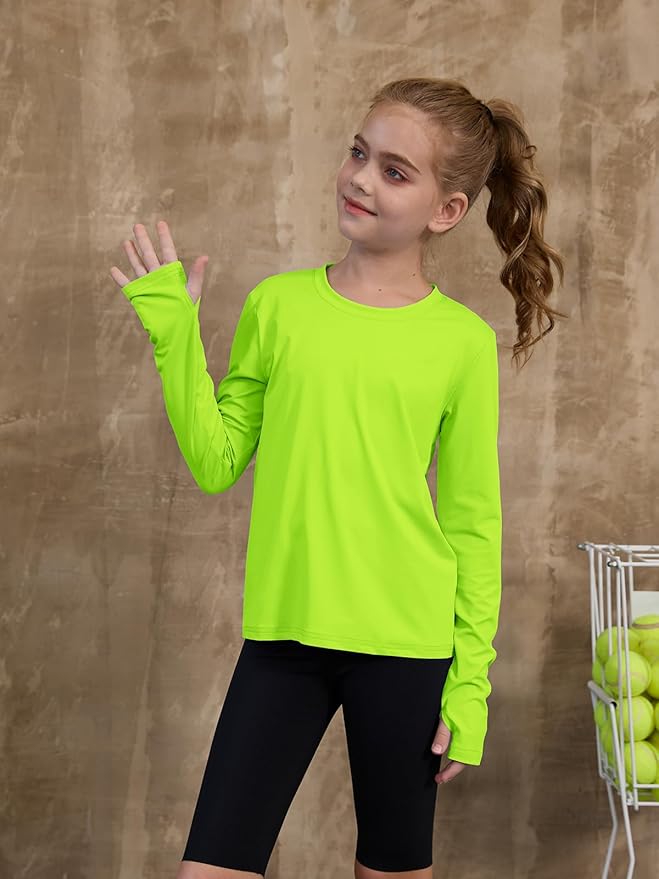 ZDC Girls Long Sleeve Athletic Shirts Kids Crewneck Quick Dry Workout Yoga Tops Basic Tees Activewear