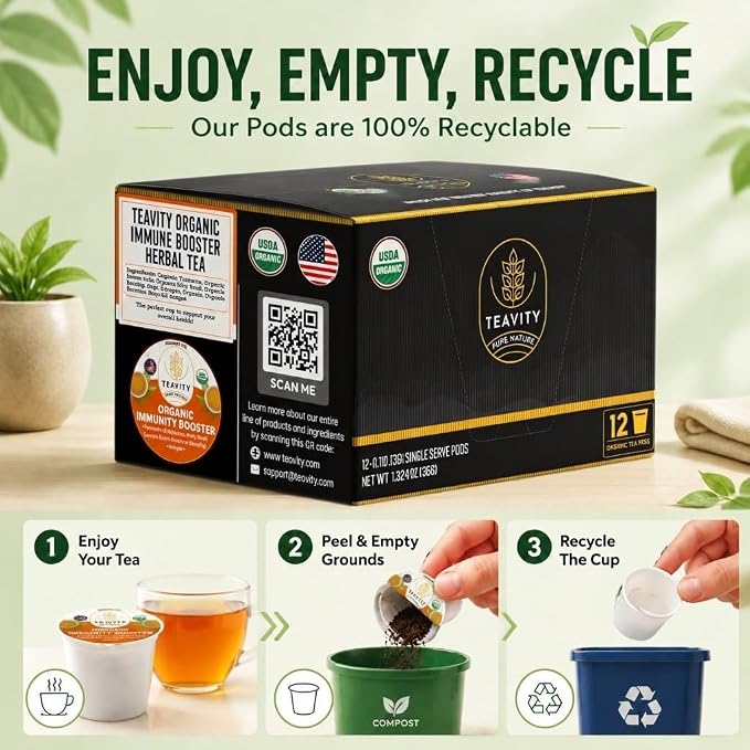 Organic Ginger Tea Pod with Echinacea, Turmeric, and Licorice for Keurig, Decaf by Teavity (12 Tea Pods)