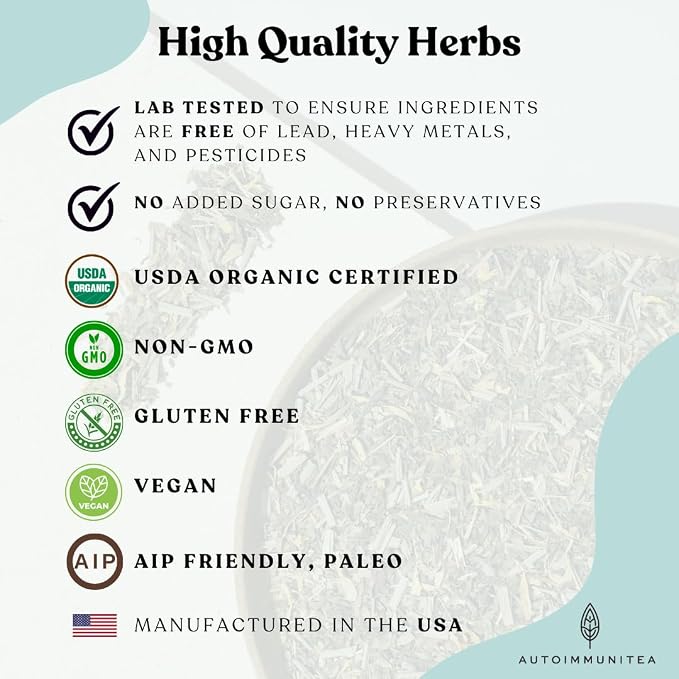 Organic Green Tea Loose Leaf Tea Bags – Energy Blend, Cortisol, Spearmint, Lemongrass, Ginkgo, Focus, Adrenal Support, AIP Herbal Energizing Blend for Cognitive Function, 15 Count