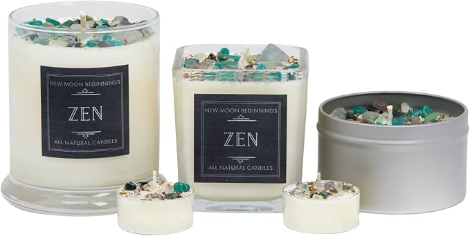 Zen Crystal Candle by NEW MOON BEGINNINGS - All Natural Aromatherapy Candle - 100% Soy Candle - Citrus, Cedarwood, Patchouli - Meditation Candle