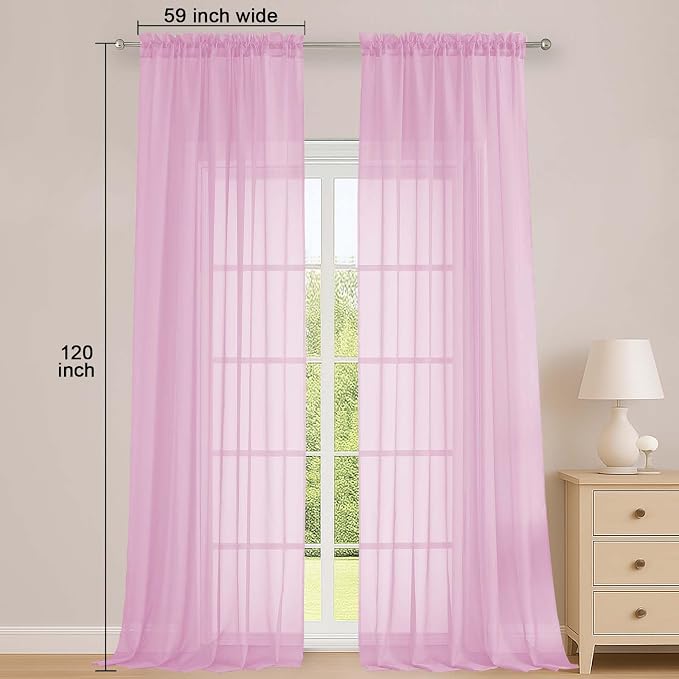 OWENIE Pink Sheer Curtains 120 Inches Long 2 Panels Set, Airy Lightweight Sheer Pink Curtains for Living Room Bedroom, Farmhouse Voile Filmy Rod Pocket Curtains Drapes, 2 Pcs, Each 59" Wx120 L Inch