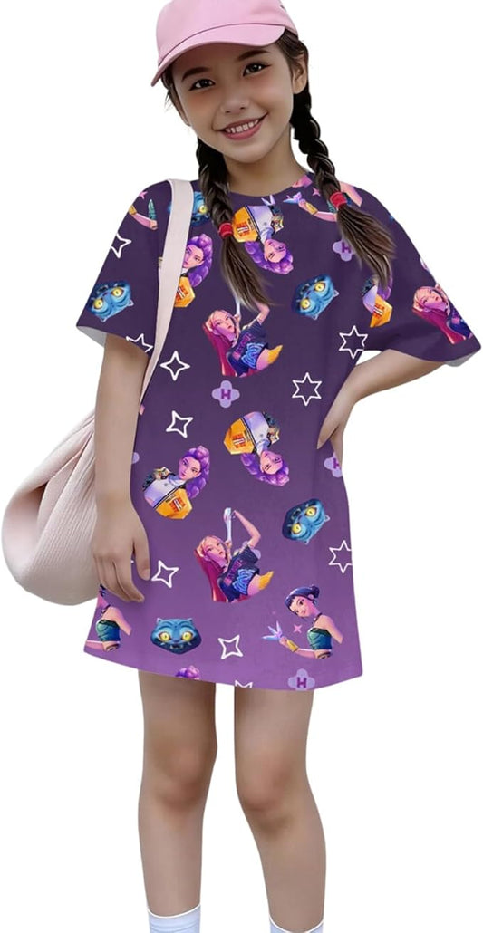 Girl's Anime K-POP Graphic Long Dress T-Shirt - Casual Loose Fit Short Sleeve Top