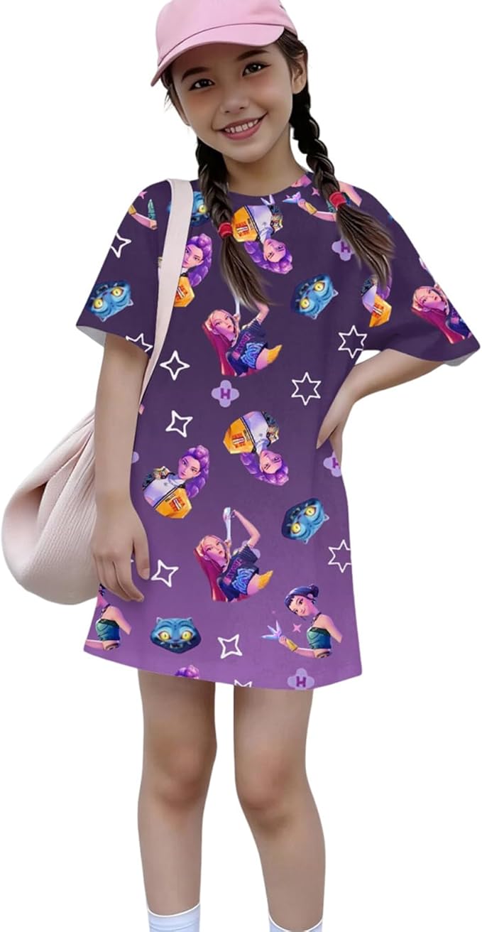 Girl's Anime K-POP Graphic Long Dress T-Shirt - Casual Loose Fit Short Sleeve Top