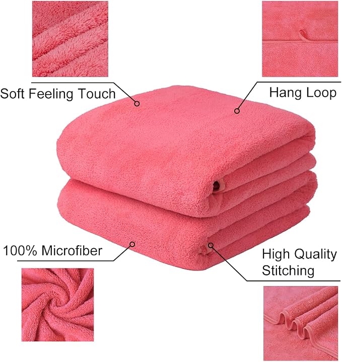 JML Microfiber Bath Towels, 2 Pack, 30"x60", Coral OrangePink | Hang Loop,Super Soft, Absorbent, Lint-free, Lightweight,For Luxury Hotel & SPA, Shower, Pool, Yoga, Sauna