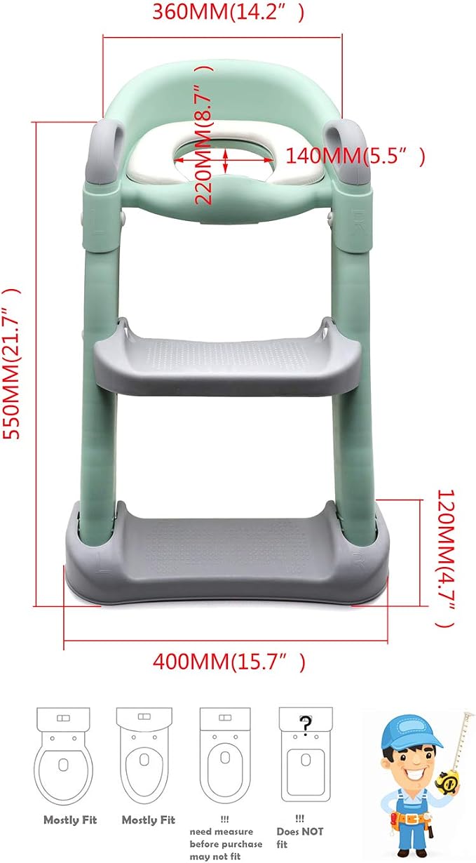 Classic Potty Training Toilet Ladder Seat With Upgraded Cushion Step Stool Ladder Toilet Trainer for Baby Toddler Kids Children In Green [P/N: ET-BABY002-GREEN-C]