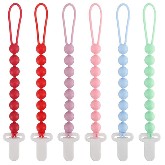 6-Pack Silicone Pacifier Clips for Babies, Safe Teething Beads, Rust-Free Holders, Baby Boy and Girl Essentials, Newborn Must-Have Accessories, BPA-Free (Pink)