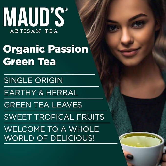 Maud's Organic Passion Green Tea Pods, 48 ct, Single Serve Tea Pods – 100% Gourmet Blended Tea Leaves, Compatible with Keurig K Cups Maker
