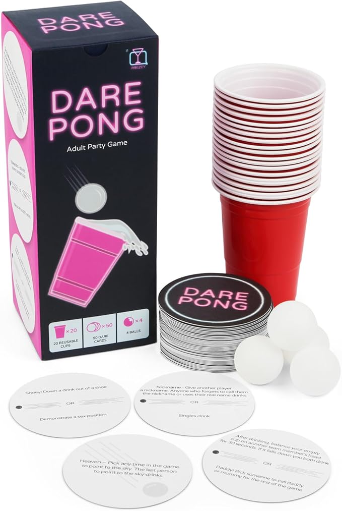Dare Pong - Full Beer Pong Set and 50 Coasters with Dares, Perfect and Fun Drinking Games, Adult Board Games, Great for Bachelorette Party, Couples Games and Adult Games for Game Night
