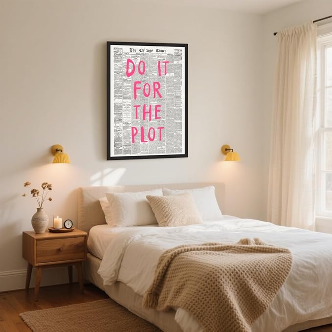 Do It For The Plot Vintage Newspaper Poster Retro Motivational Pink Wall Art Positive Daily Reminder Motivational Quote Print for Bedroom Office Home Decor Aesthetic 16x24inch Black Aluminum Frame