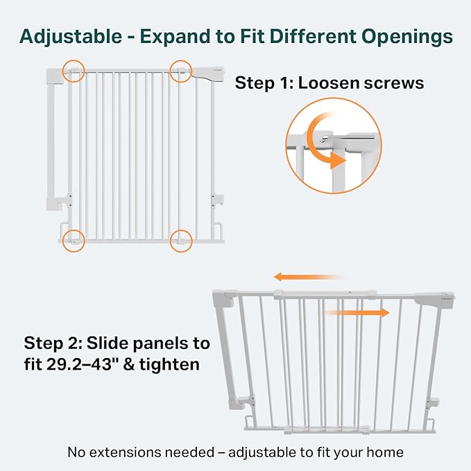 Cumbor 34" Extra Tall No Bottom Bar Baby Gate for Stairs, Hardware Mounted Dog Gate Indoor for Larger Pets, Expandable 29.2-43" Safety Gate for Doorways, Wide Walk Thru Door for Easy Access (White)