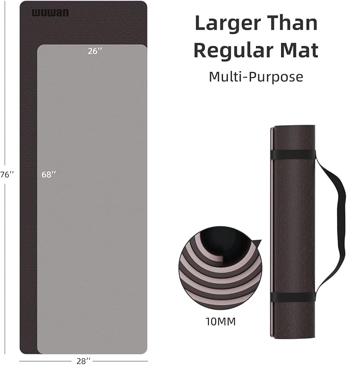 10mm0.4"TPE Yoga Mat Thick Wide Large for Home Workout Carrying Strap | Non Slip Exercise Mats Cushioned Joint-Friendly Stable,76"x28"Extra long Tapis Entrainement Au Sol Fitness,Pilates Gym Travel