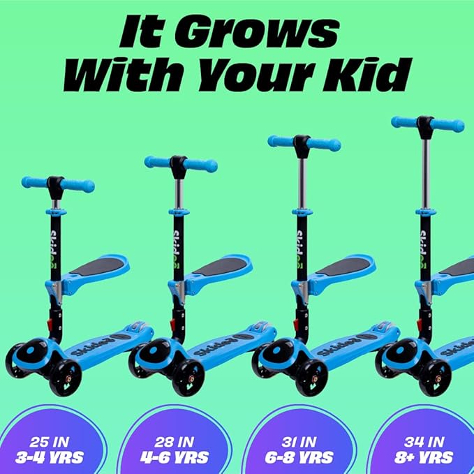 SKIDEE Kick Scooter for Kids Foldable 3 Wheel Scooter with Lean-to-Steer, Adjustable Height, Removable Seat & LED Light Wheels | Toddler Scooter Up to 12 Year Old Boys/Girls