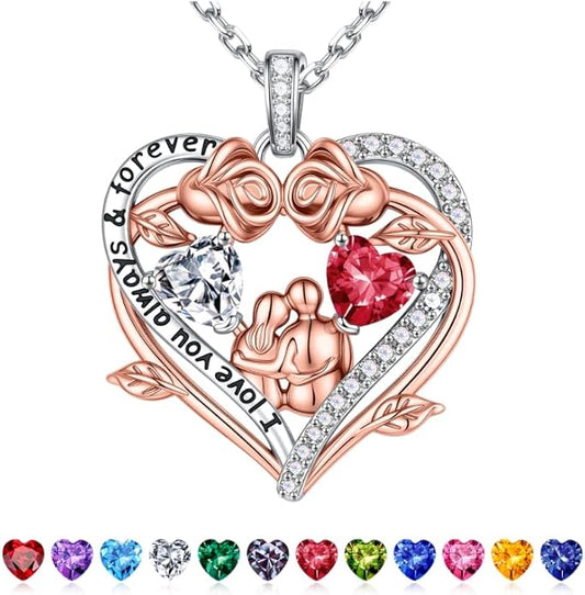 Iefil Valentines Gifts for Her Wife - 925 Sterling Silver Double Heart Birthstone Necklace, Anniversary Birthday Gifts for Women Wife Girlfriend