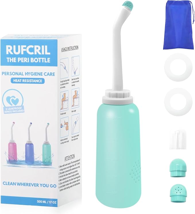 Peri Bottle Postpartum, RUFCRIL 500ml Portable Bidet, Upside Down Perineal Wash Bottle, Boilable TPE, Travel Bag, for Perineal Care, Hemorrhoid Care, Feminine Cleansing & Baby (Green)