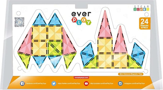 Magnetic Tile Travel Size Mini Diamond Tiles Set 24pcs STEM Toy Compact Blocks Compatible Construction Educational Building Kit for Brain Development Montessori Learning for Kids Age 3+ EPM24