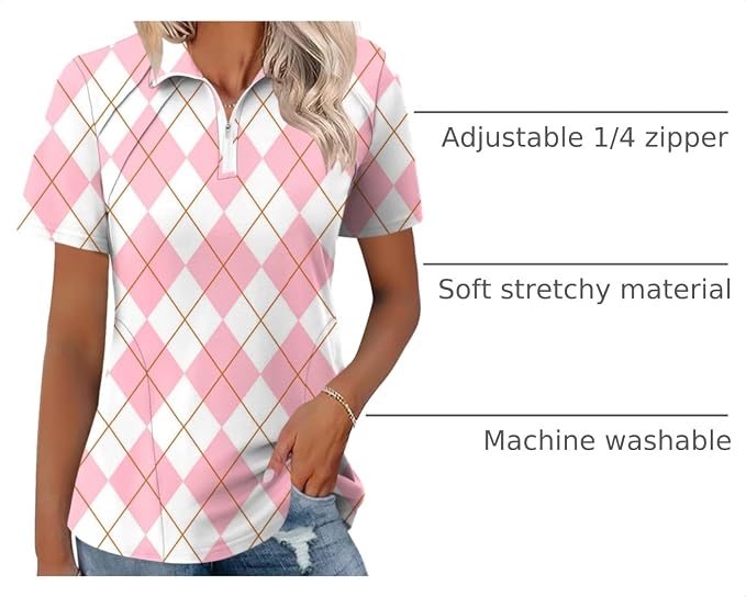 LOMON Womens Golf Polo Shirt Summer Short Sleeve Quarter Zip Outfit | Side-Pockets,Princess Seams,Cotton,Wrinkle Free,Moisture Wicking,Quick-Dry,Lightweight,Collared,for Tennis Workout
