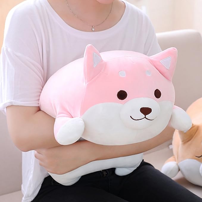 Shiba Inu Dog Plush Pillow, Cute Corgi Akita Stuffed Animals Doll Toy Gifts for Valentine's Gift, Christmas,Sofa Chair, Pink Round Eye, 22.8"