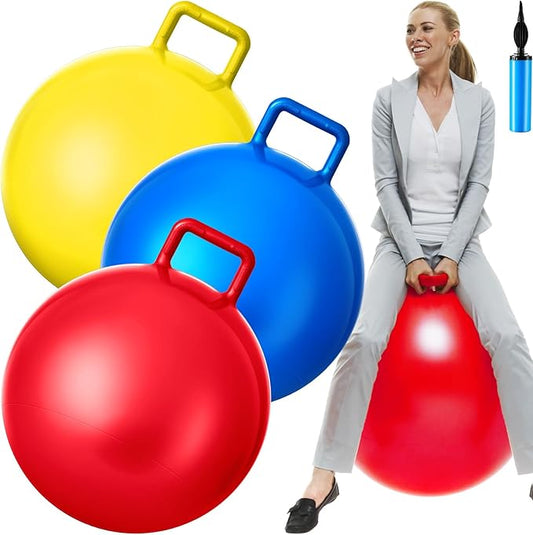 Lewtemi 3 Pcs 18 Inch Bouncing Ball with Handle, Outdoors Hopper Jumping Hopping Ball and Air Pump for Sports Exercise (Red, Blue, Yellow)