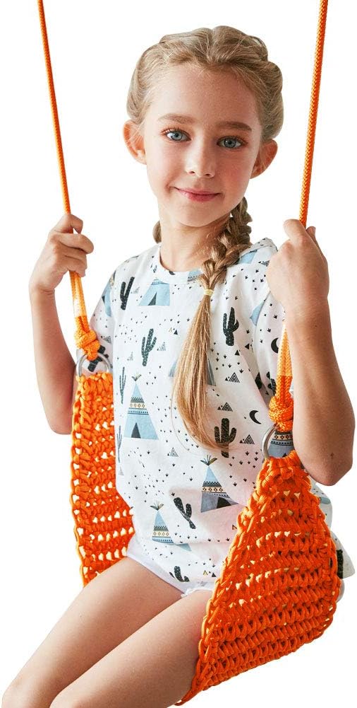 Hand-Knitting Kids Swing, Indoor Outdoor Portable Tree Swing Seat,Adjustable Ropes, with Hanging Strap and Snap Hook for Camping Hiking Backyard Playset and Playroom, Easy Install(Orange)