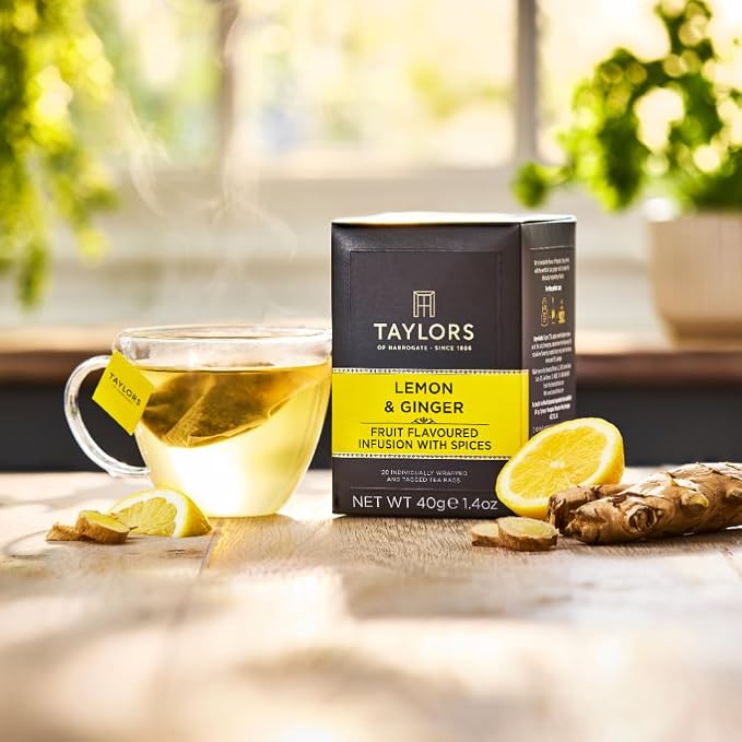 Taylors of Harrogate Lemon & Ginger, Herbal Tea, Individually Wrapped Bags, 20 Count (Pack of 1), Cleansing, Invigorating and Citrussy, Caffeine-Free, Enjoy Hot or Iced, 20 Teabags