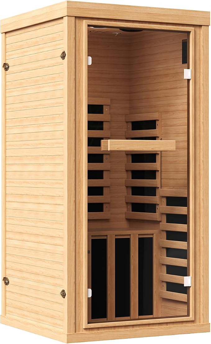 Far Infrared Wooden Sauna Room, 1 Person Traditonal Red Light Sauna, Canadian Hemlock Indoor Dry Sauna Room for Low EMF with Bluetooth Speakers and Control Panel, Whole Glass，32"x 32"x 66"