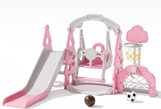KORIMEFA 6-in-1 Kids Slide and Swing Set, Toddler Slide with Basketball Hoop, Swing, Outdoor Indoor Playground for Toddlers 1-3 Pine Shape Design(6 in1-Pink)