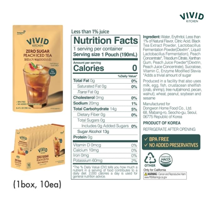 VIVID KITCHEN Peach Iced Tea Pouch Drinks – Zero Sugar, Zero Calories | Korean Convenience Store Drink | No Artificial Preservatives or Corn Syrup | 6.4 fl oz (10 Pouches) (10 Pouch, Peach Iced Tea)