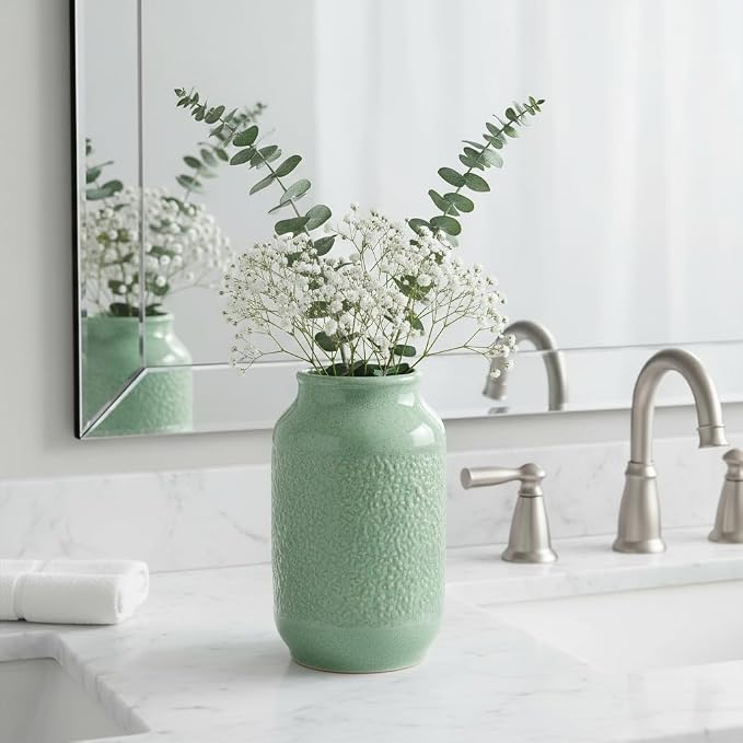 Ceramic Vase, 9 Inch Modern Green Flower Vases for Home Decor, Dining Table,Entryway, Living Room, Bathroom, Bookshelf, Bedroom, Kitchen, Mantle, Office, Foyar