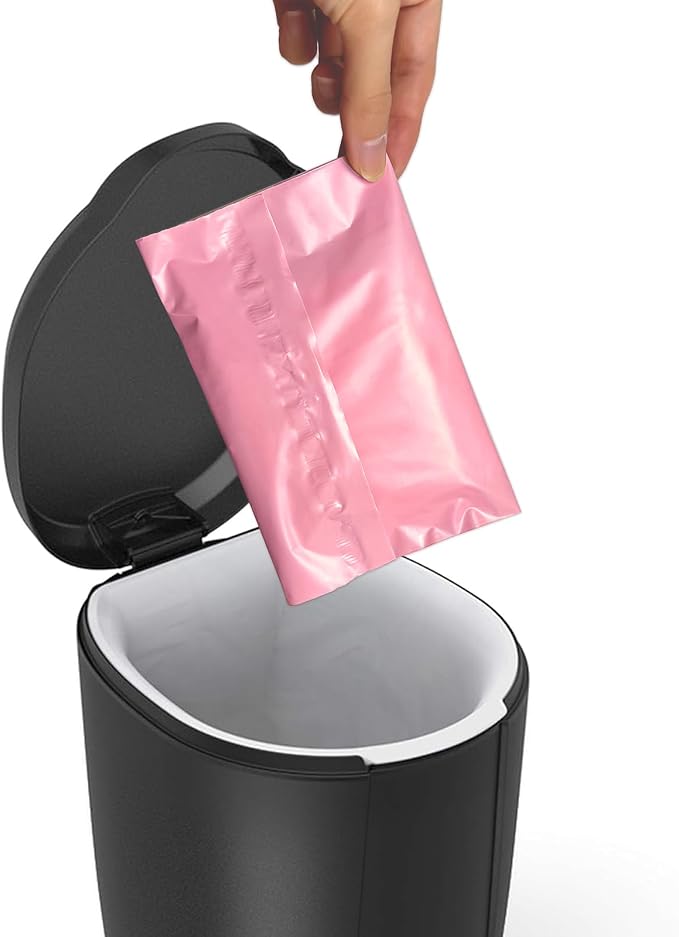 Disposable Sanitary Bags, 200 Pcs, Pink, Self-sealing, Odor-proof, Rectangular, Plastic, 10" x 6" Bags for Feminine Hygiene, Personal Waste, or Pet Waste