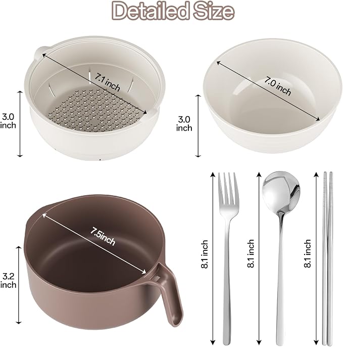 MEACOLIA Large Ramen Bowl Set, Microwave Noodle Pasta Cooker with Lid and Strainer, Stainless Steel Travel Utensils, College Dorm Room Essentials for Girls Guys (Beige)