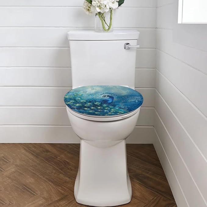 Peacock Toilet Seat Cover for Bathroom Animal Peacock Toilet Seat Pads Dust Cover Reusable Replacement Fabric Elastic Universal Fit Elongated Oval Round Lid,Easy to Clean