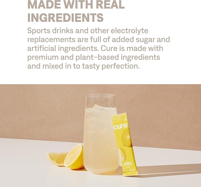 Cure Hydration | Plant-Based Electrolyte Drink Mix | No Added Sugar | Dehydration Relief Powder Made with Coconut Water | Non-GMO | Vegan | Pouch of 28 Packets - Lemonade