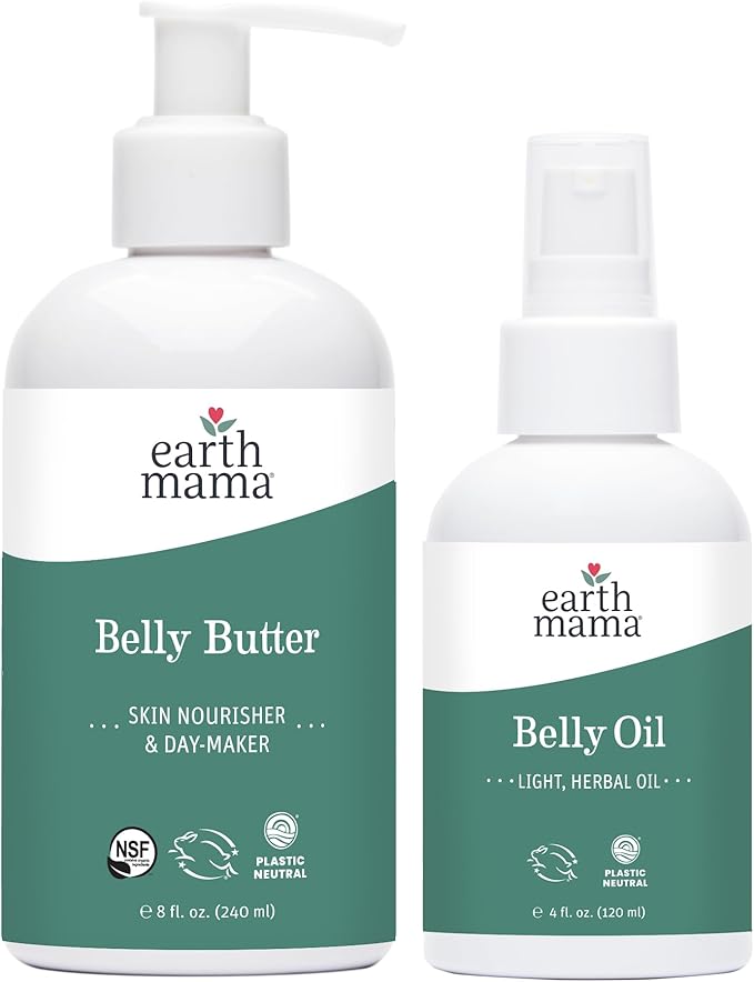 Earth Mama Belly Bundle Pregnancy Kit - 8 fl oz Butter & 4 fl oz Oil - Self Care Gift Set for Pregnancy & Postpartum Skin Care Recovery - Maternity & Postpartum Essentials
