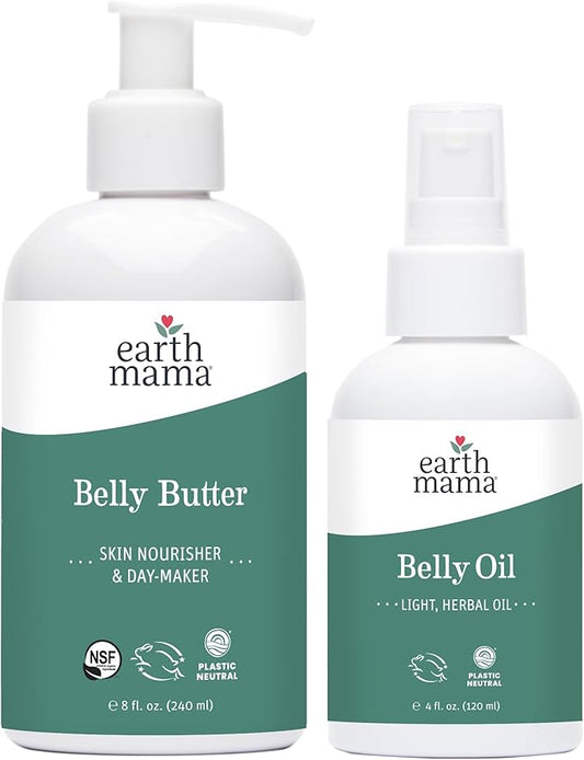 Earth Mama Belly Bundle Pregnancy Kit - 8 fl oz Butter & 4 fl oz Oil - Self Care Gift Set for Pregnancy & Postpartum Skin Care Recovery - Maternity & Postpartum Essentials