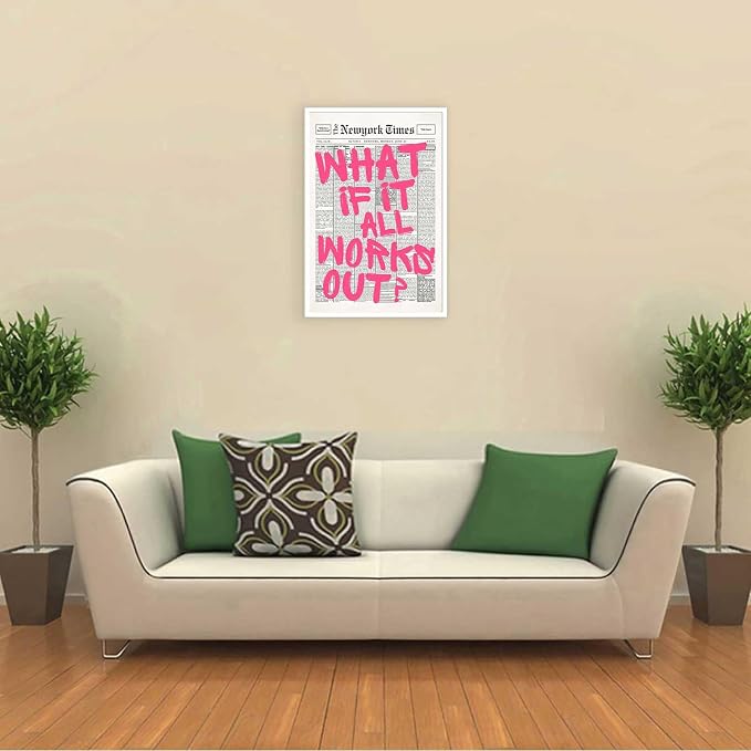 Drimiler Retro Newspaper Pink Font Poster What If It All Works Out Canvas Wall Art Positive Affirming Quote Minimalist Prints Painting For Home Bedroom Dorm Wall Decor 16x24in Unframed