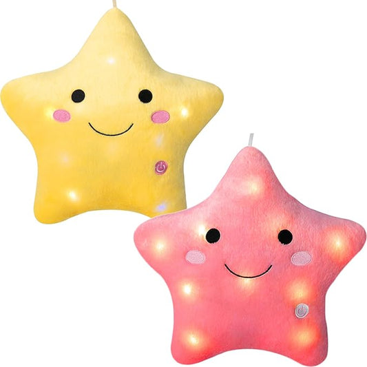 DearSun Set of 2pcs, 13'' Creative Twinkle Star Colorful Night Light Plush Pillows Light up Night Stuffed Toys Perfect for Birthday Christmas Holiday Valentines(Yellow+Deep Pink)