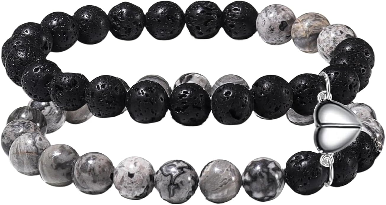 Caiyao 2Pcs Matte Lava Rock Volcanic Stone Beads Stretch Bracelet Stacking Essential Oil Diffuser Tiger Eye Seed Energy Yoga Bracelet for Men Women Couple Stress Relief Healing Aromatherapy Jewelry