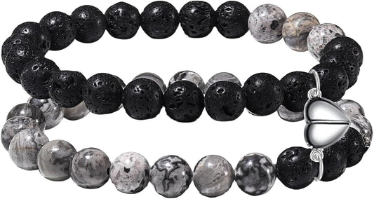 Caiyao 2Pcs Matte Lava Rock Volcanic Stone Beads Stretch Bracelet Stacking Essential Oil Diffuser Tiger Eye Seed Energy Yoga Bracelet for Men Women Couple Stress Relief Healing Aromatherapy Jewelry