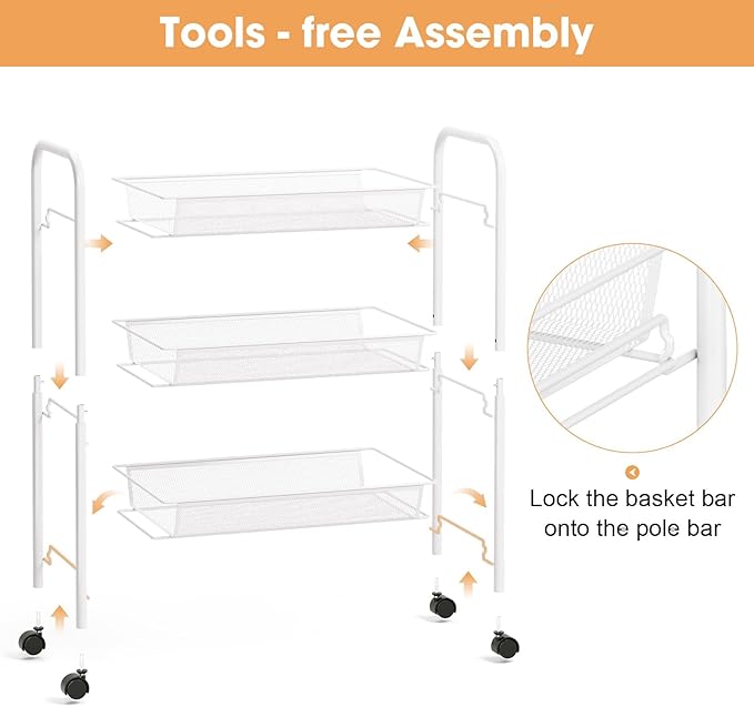 TOOLF 3 Tier Rolling Cart, Metal Utility Storage Cart with Wheels, White | 3 Hooks, Screwless Assembly, Trolley Organizer for Bathroom, Kitchen, Office, Nursery, Dorm, Laundry Room