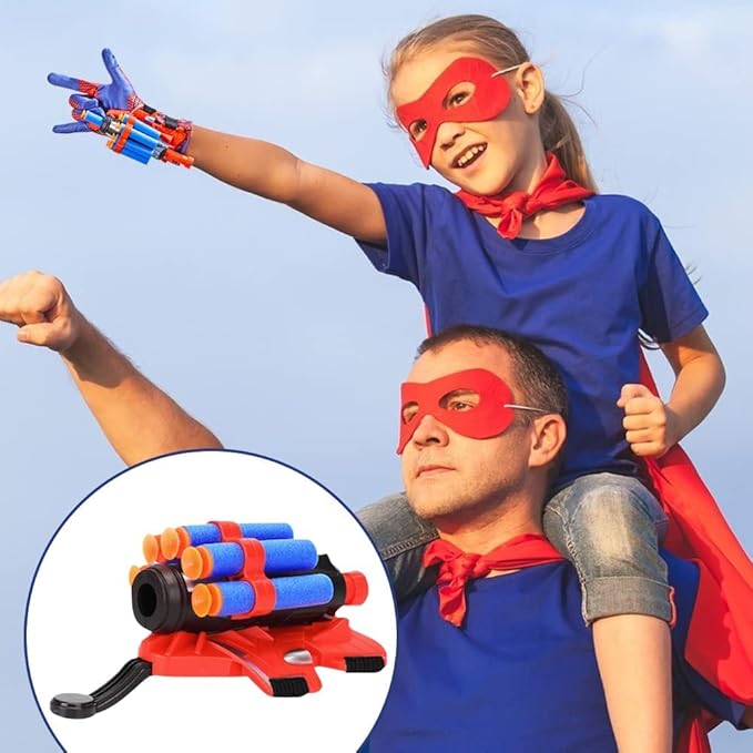 Red Style Spider Web & Soft Missile Launcher Toy 2 Pcs Set, Superhero Fans Webs Shooter for Kids, Cosplay Launcher Gloves with Wrist Toy Set, Christmas Halloween Birthday Party