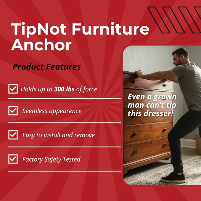 Adhesive Furniture Anchor, No-Drill, Aesthetic & Invisible Once Installed, Anti-Tip Furniture Safety Anchor to Childproof and Babyproof Your Home, Holds Up to 300 Pounds, 1-Pack