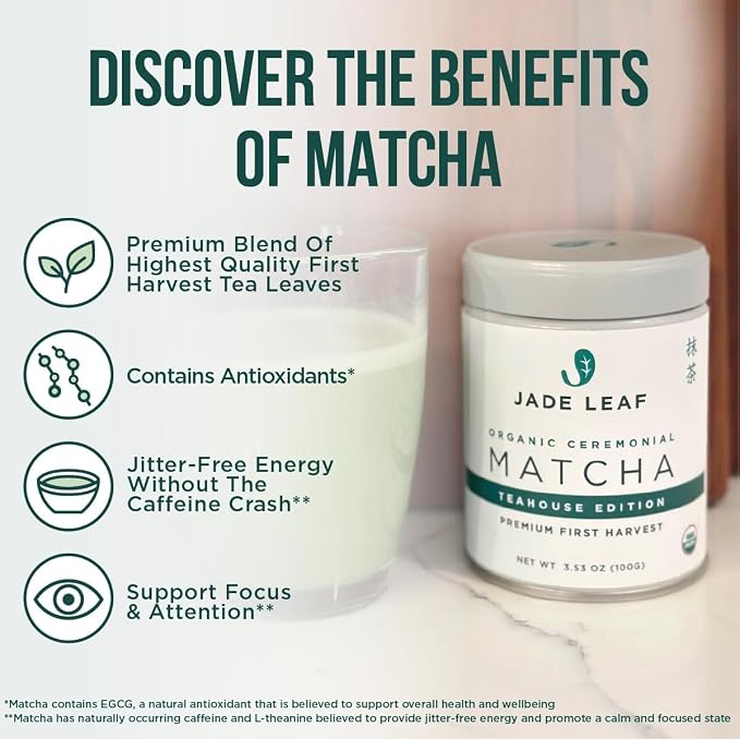 Jade Leaf Matcha Organic Ceremonial Grade Teahouse Edition Matcha Powder - 100% Pure Japanese Premium First Harvest Green Tea for Ceremonies, Usucha, Lattes 30g / 1.06 Oz Pouch (Pack of 1)