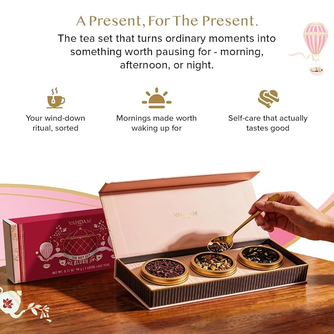 VAHDAM, BLUSH - Assorted Tea Gift Set, 3 Premium Teas in Tin Caddy Presentation Box | Loose Leaf Teas | Gift for everyone