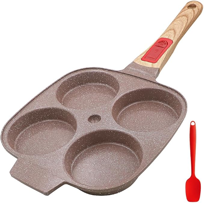 RANX INGST Ceramic Egg Frying Pan, Nonstick 4 Cup Fried Egg Pan with Detachable Handle, Omelette Pan Induction Compatible - Brown