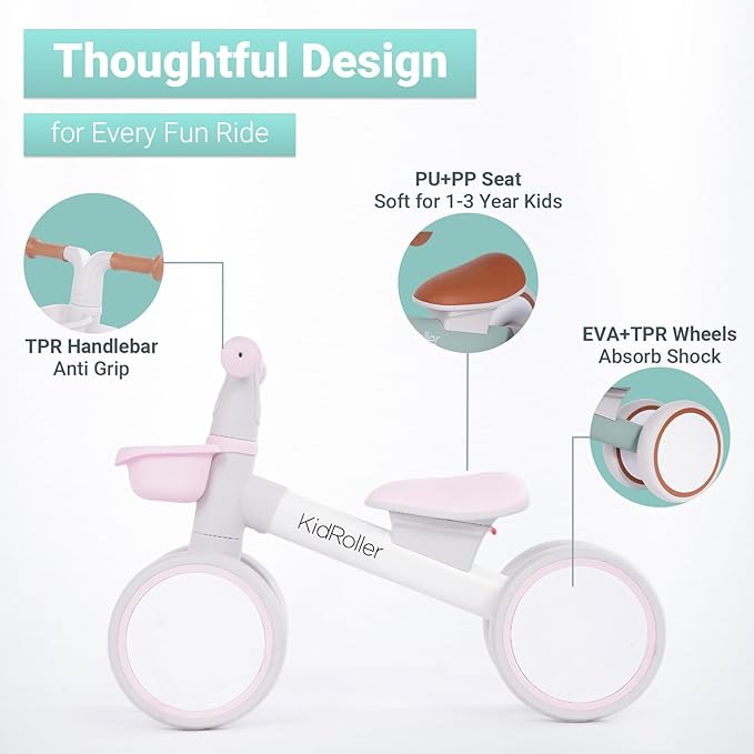 Kid's Balance Bikes for 1 Year Old Boys and Girls, 12-36 Months Toddler Ride-on with Adjustable Seat and a Front Basket, First Birthday Gifts (Pink)
