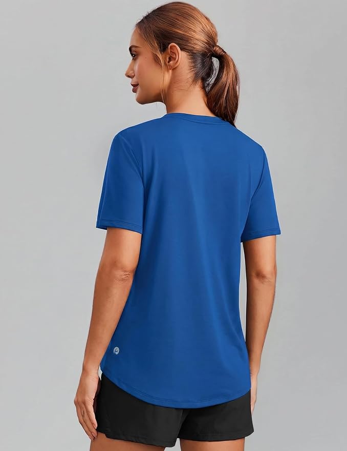 PINSPARK Soft Workout Tops for Women Short Sleeve V Neck Moisture Wicking UPF 50+ Sun Protection Quick Dry Gym Shirts