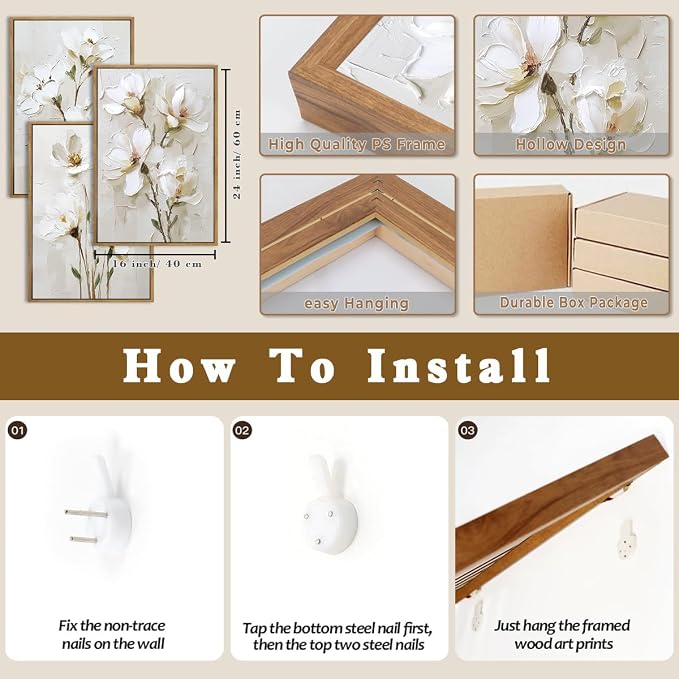 FWIEXA 3D Beige White Floral Canvas Wall Art Set 3,Texture Neutral Flower Framed Prints,Modern Abstract Aesthetic Botanical Paintings,24x36In Watercolor Minimalist Magnolia Artwork for Living Room,Bedroom,Office